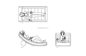 autocad drawing of a girl in a swimming pool, plan and elevation 2d views, dwg file free for download