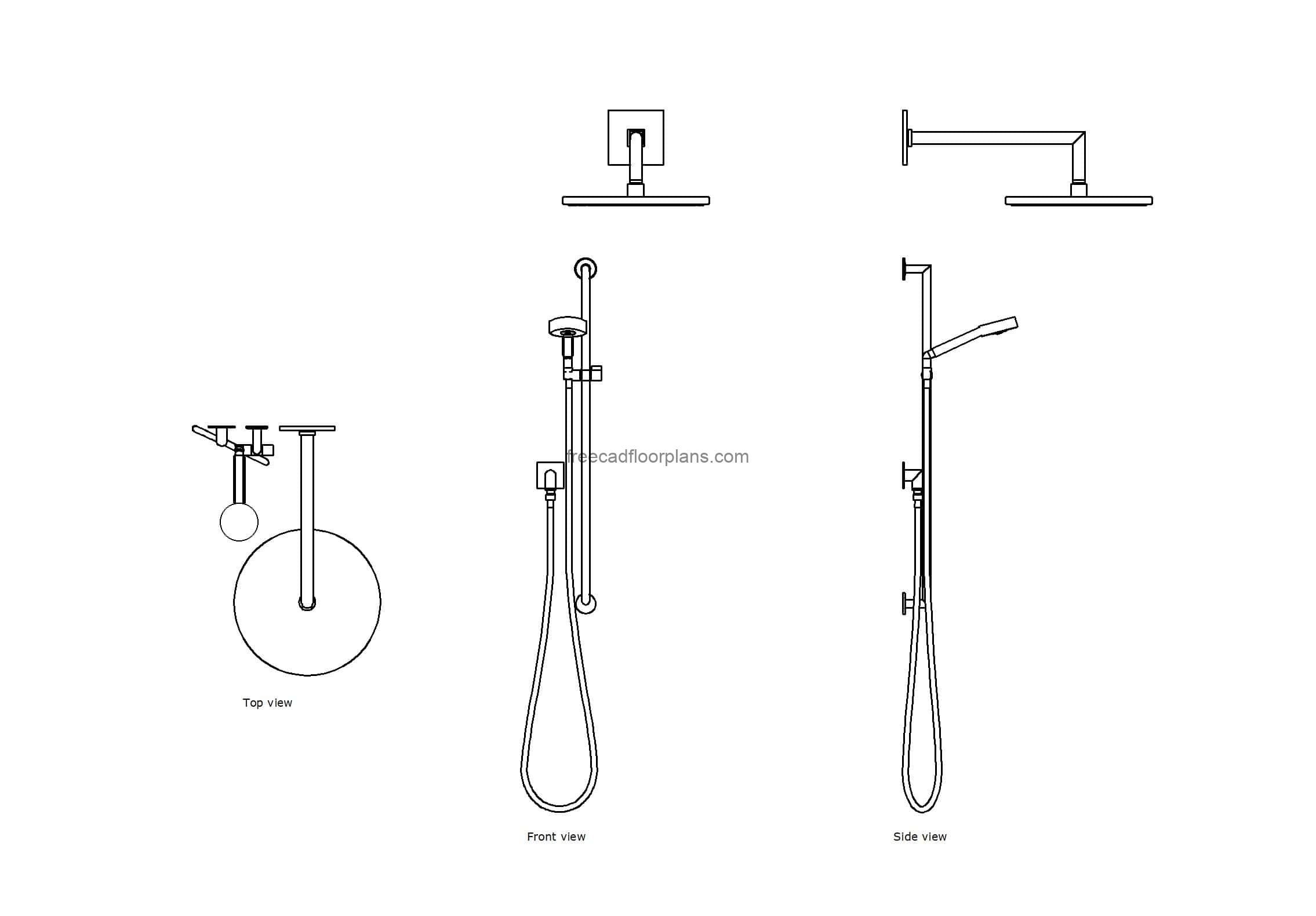 autocad drawing of a handheld shower set, plan and elevation 2d views, dwg file free for download