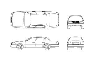 autocad drawing of a lincoln cadillac, plan and elevation 2d views, dwg file free for download