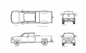 autocad drawing of a long bed truck, plan and elevation 2d views, dwg file free for download