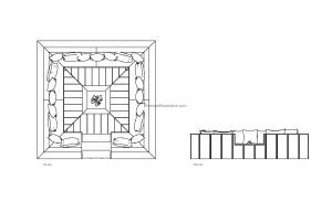 autocad drawing of a outdoor firepit with seating, plan and elevation 2d views, dwg file free for download