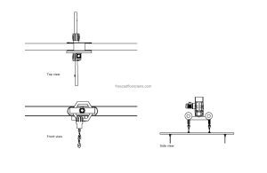 autocad drawing of an overhead eectric hoist, 2d plan and front, side back elevation views, dwg file free for download