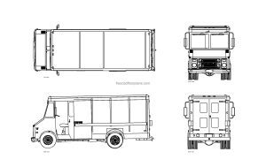 autocad drawing of a p30 chevrolet step van, plan and elevation 2d views, dwg file free for download