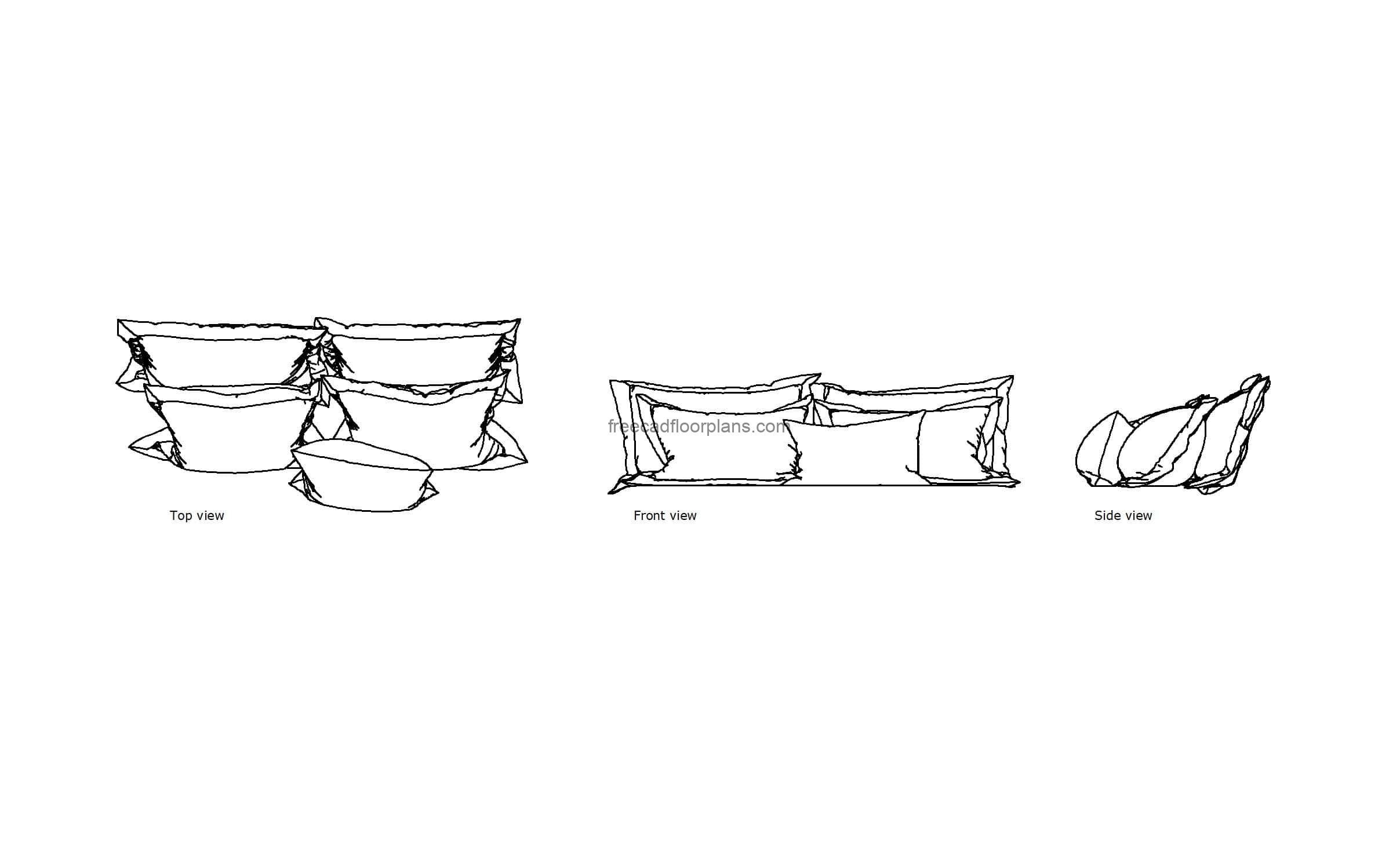 autocad drawing of a group of pillows, plan and elevation 2d views, dwg file free for download