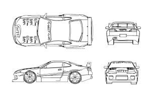 autocad drawing of a rally car, plan and elevation 2d views, dwg file free for download