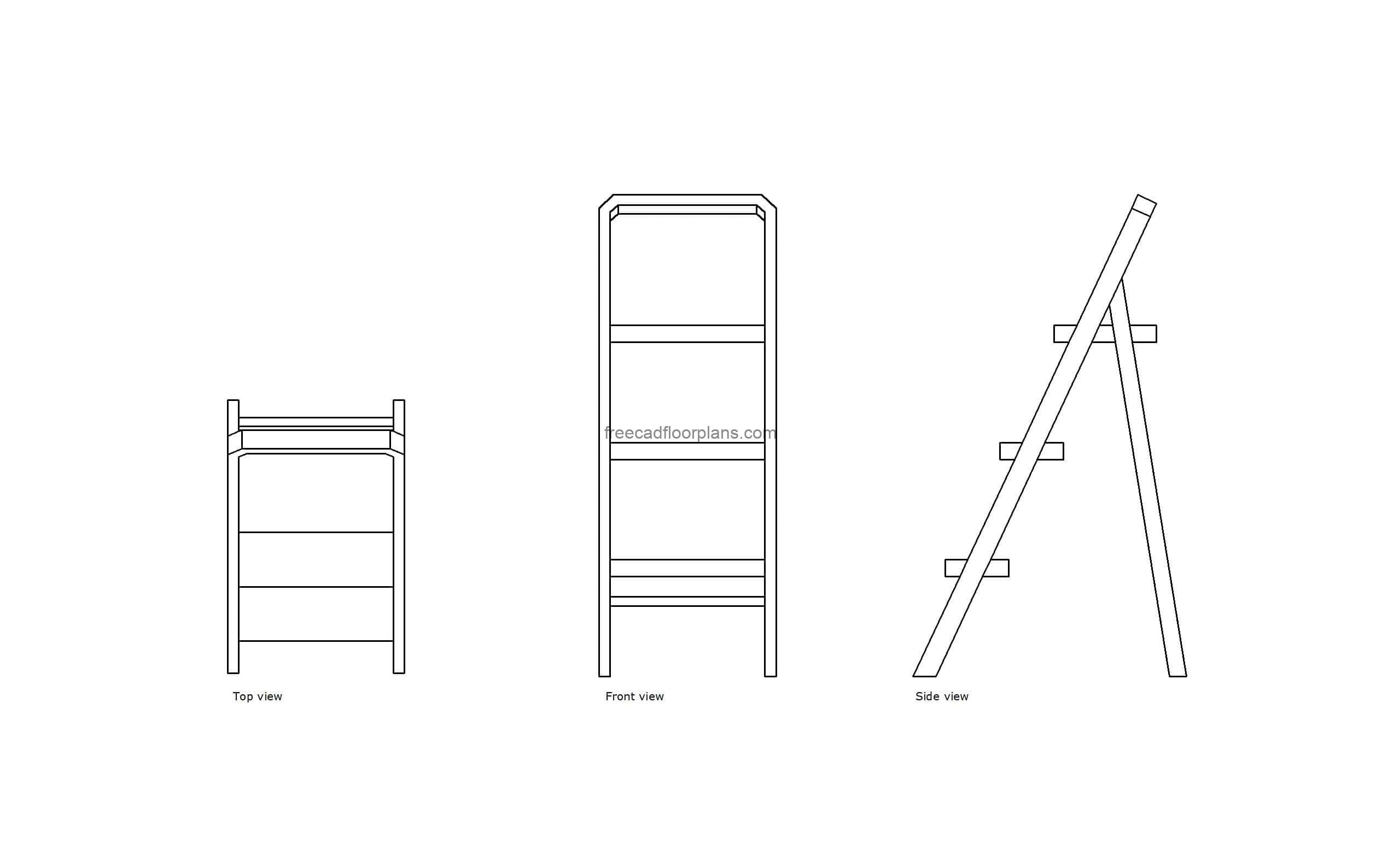 autocad drawing of a step stool ladder, all 2d views, plan and elevation, dwg file free for download