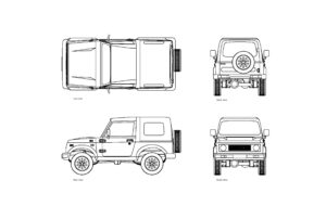 autocad drawing of a suzuki samurai jeep, plan and elevation 2d views, dwg file for free download