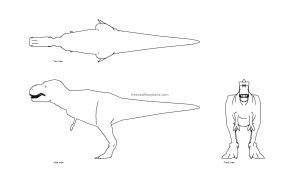 autocad drawing of a t.rex dinosaur, plan and elevation 2d views, dwg file free for download