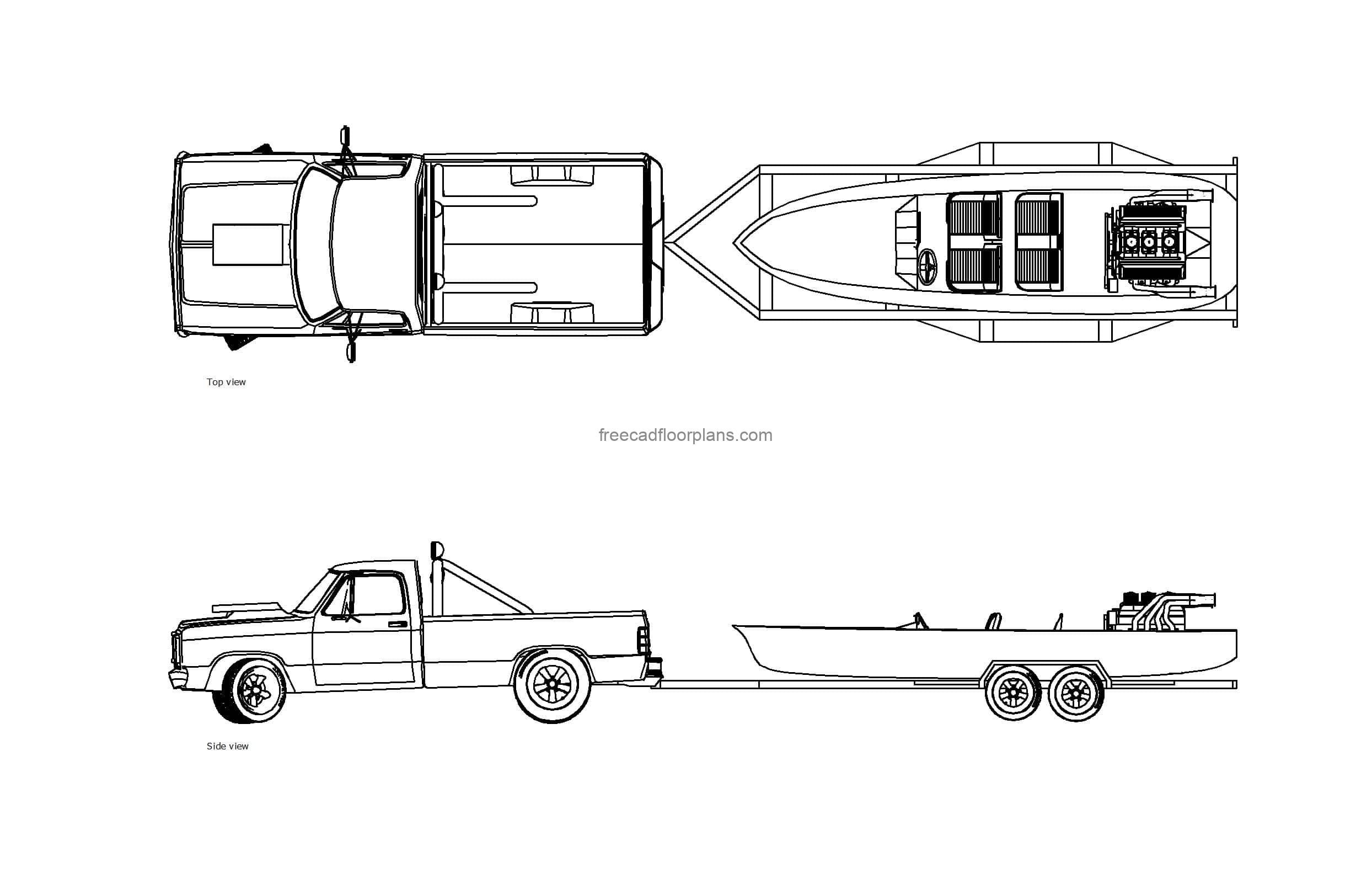 autocad drawing of a truck with boat trailer, plan and elevation 2d views, dwg file free for download