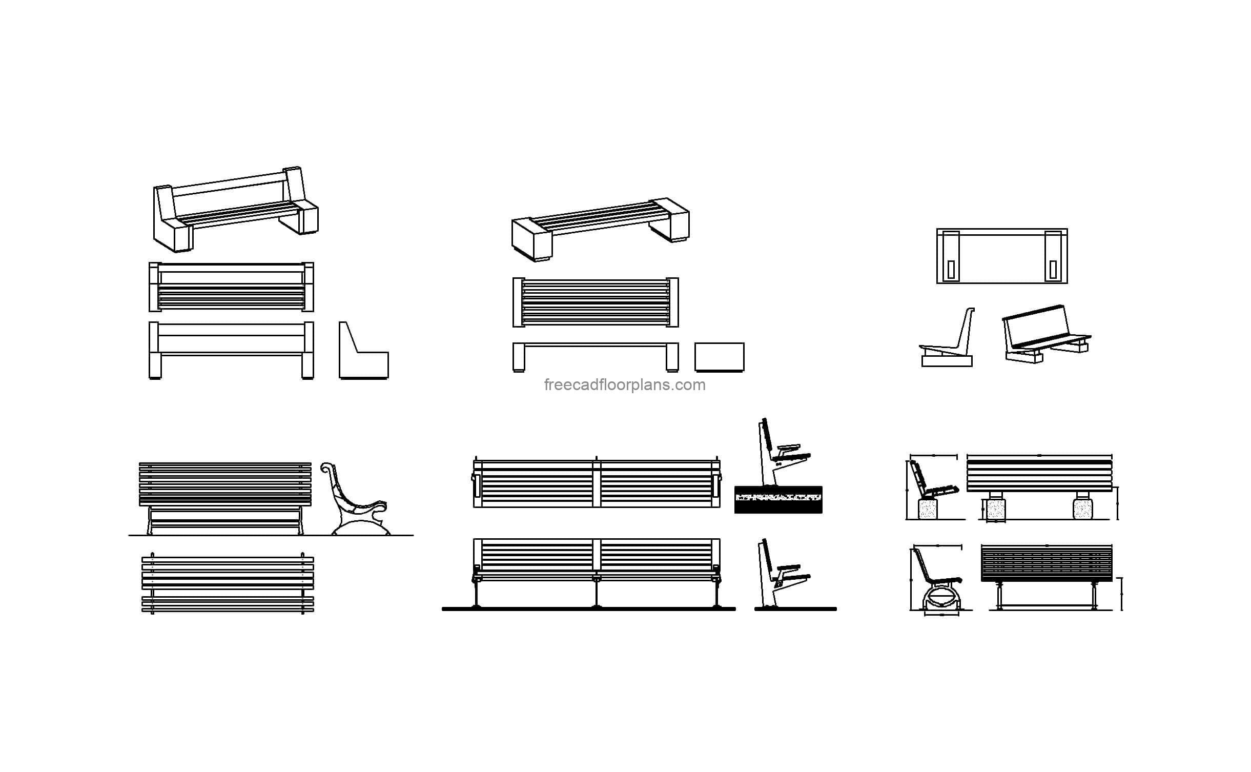autocad drawing of different urban benches, dwg file for free download plan and elevation views