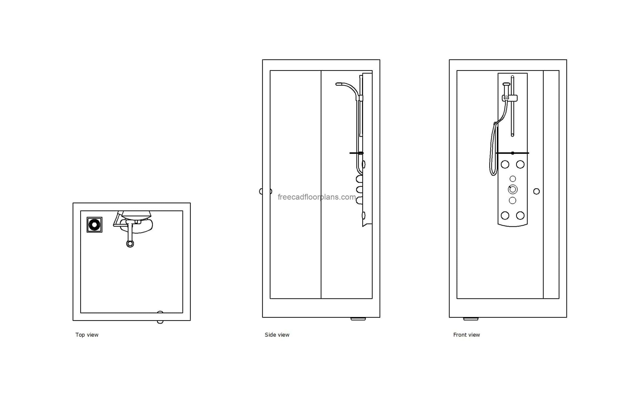 autocad drawing of a walk-in shower, plan and elevation 2d views, dwg file free for download