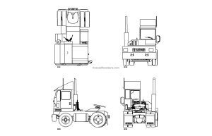 autocad drawing of a yard dog truck, plan and elevation 2d views, dwg file free for download