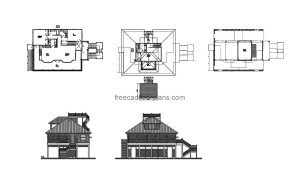 autocad drawing of a tow stories, two bedroom house with inclined roof, plan and elevation 2d views, dwg file free for download