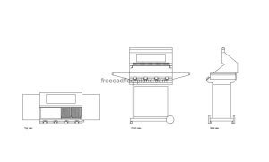 autocad drawing of a 4 burner gas bbq, plan and elevation 2d views, dwg file free for download