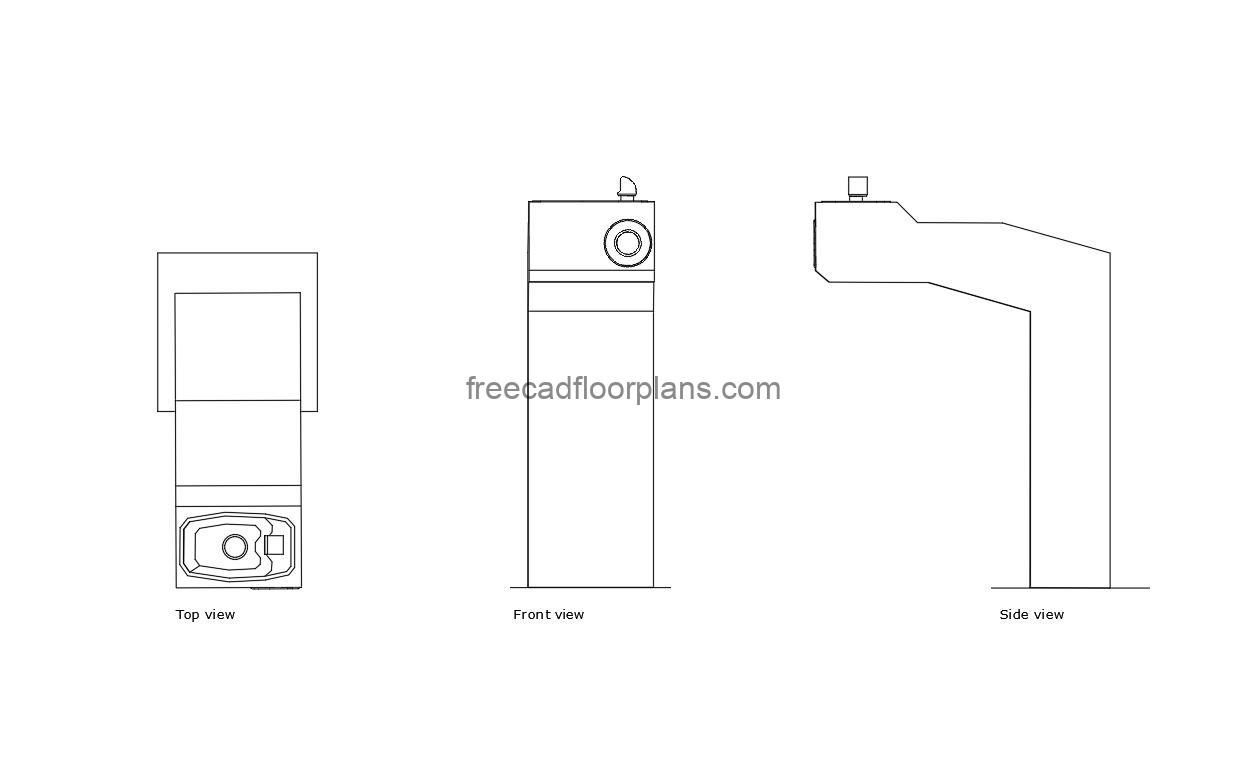 Autocad drawing of an ADA water drinking fountain, 2d views with plan and elevations, dwg file free for download