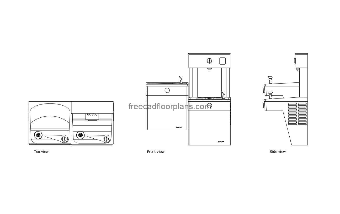 autocad drawing of a bi-level drinking fountain, plan and elevation 2d views, dwg file free for download