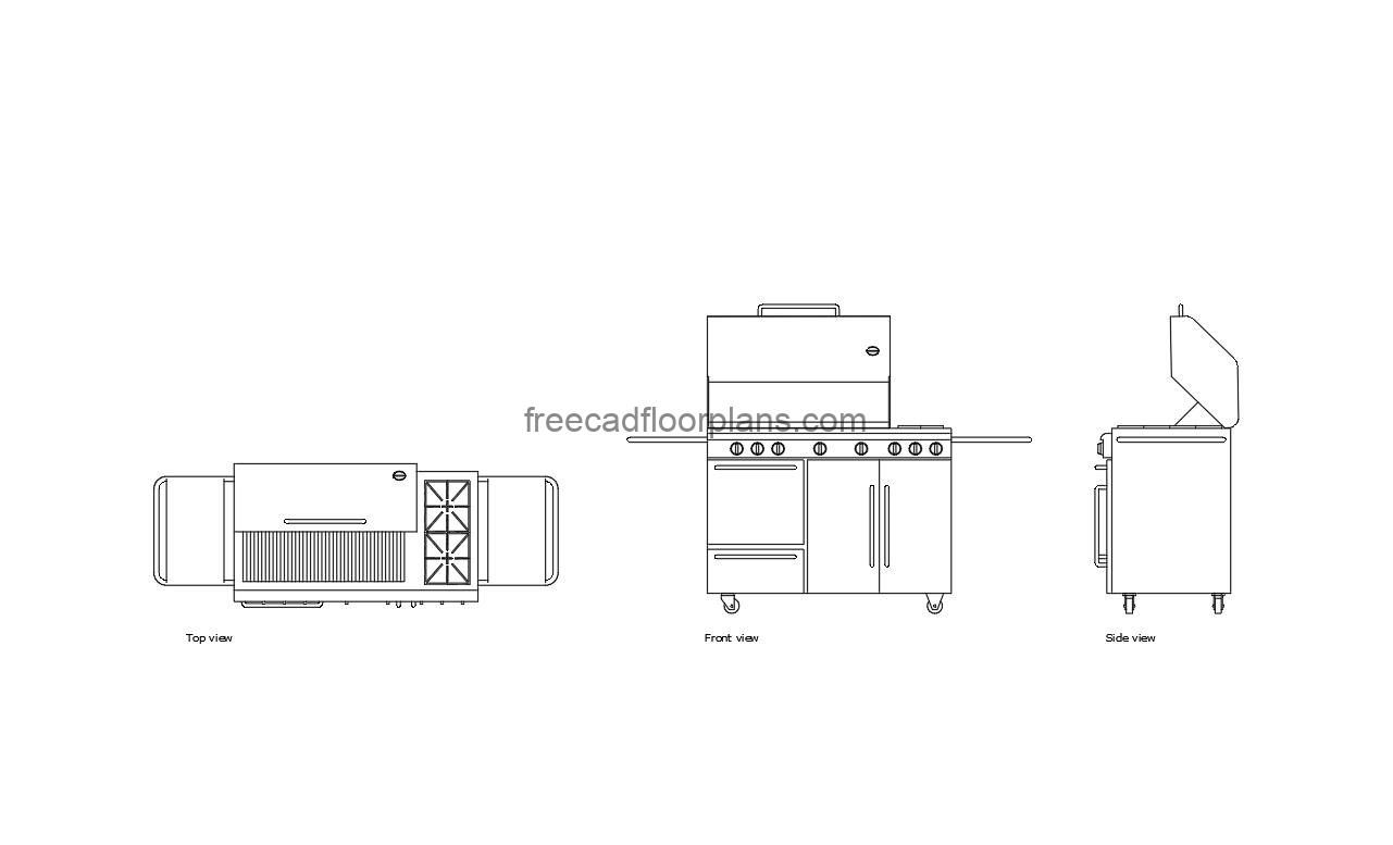 autocad drawing of a big bbq grill, 2d views, plan and elevation dwg file free for download