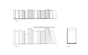 autocad drawing of books, 2d plan and elevation views, dwg file free for download
