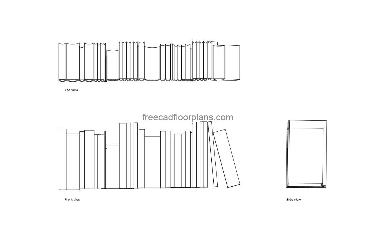 autocad drawing of books, 2d plan and elevation views, dwg file free for download