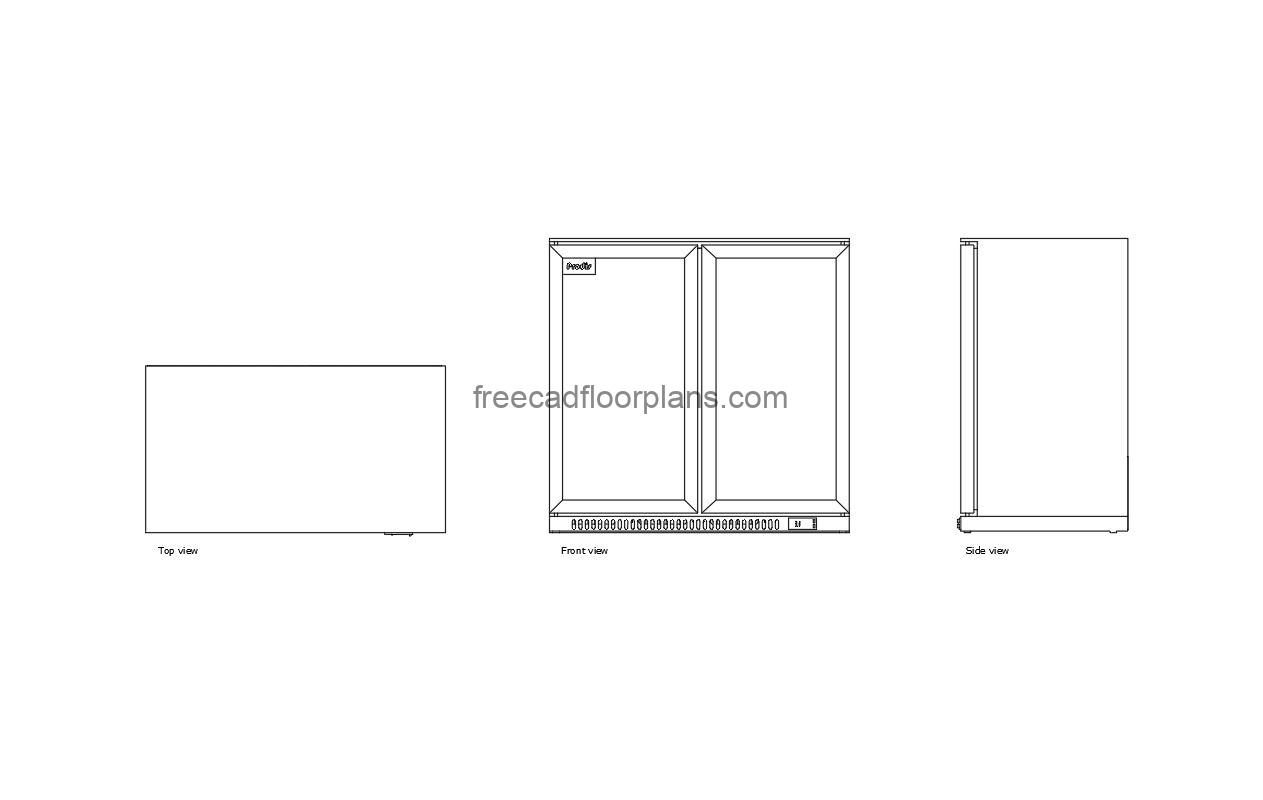 autocad drawing of a bottle cooler, plan and elevation 2d views, dwg file free for download