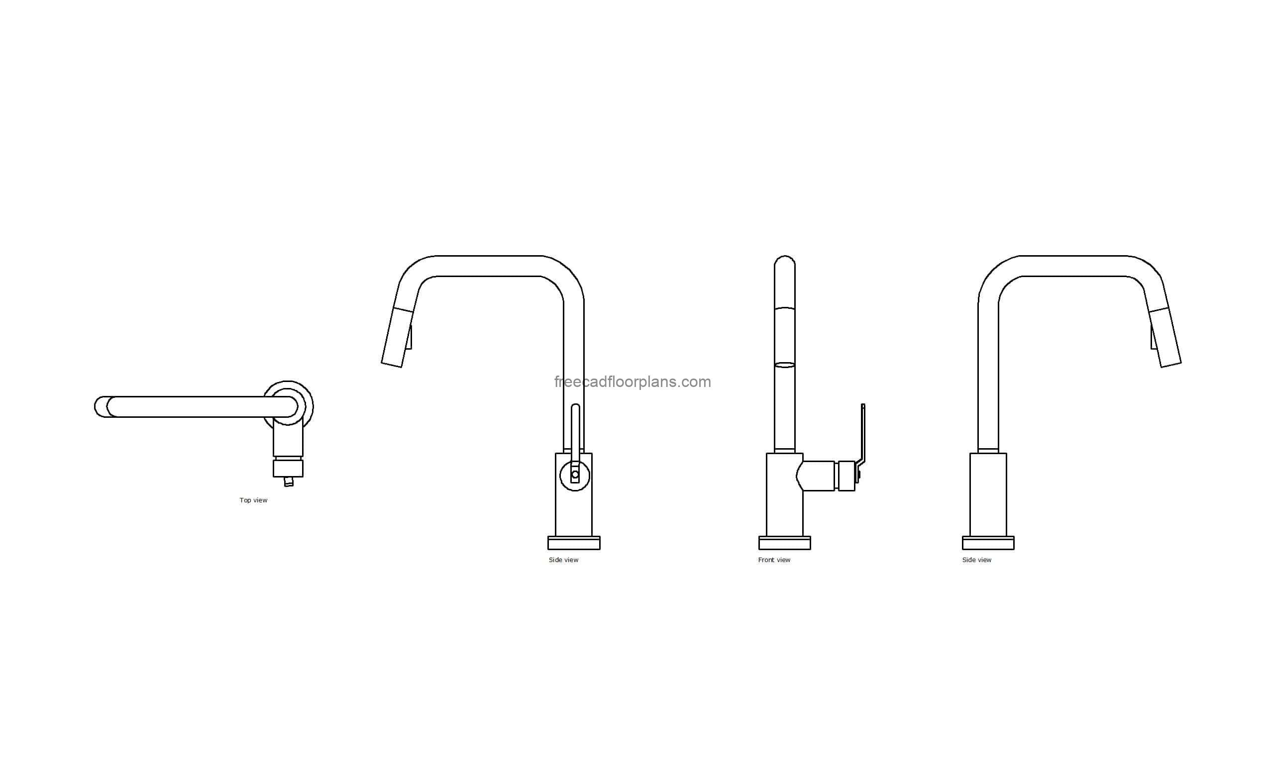 autocad drawing of a britzo litze kitchen faucet, 2d plan and elevation views, dwg file free for download