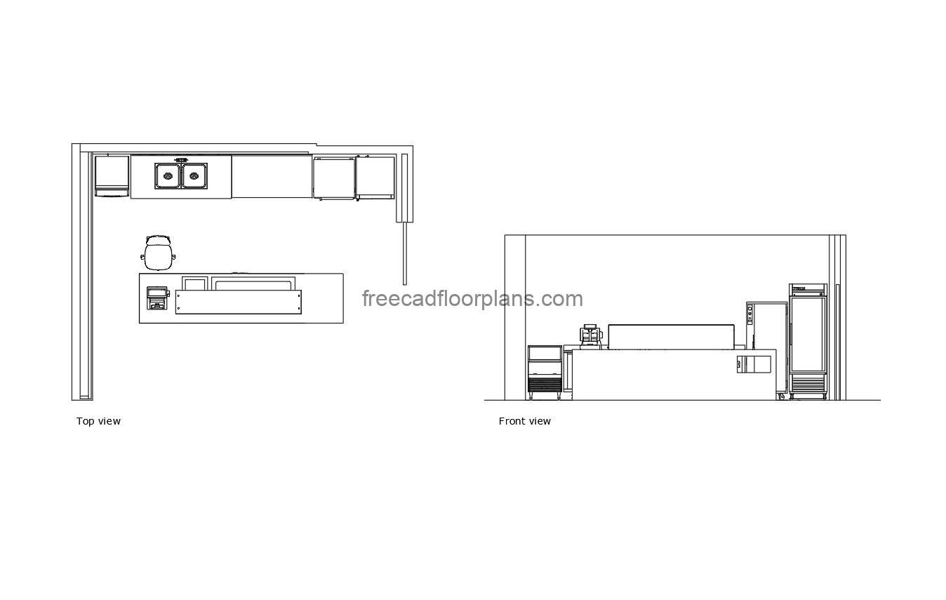 autocad drawing of a cafe counter display, plan and elevation 2d views, dwg file free for download