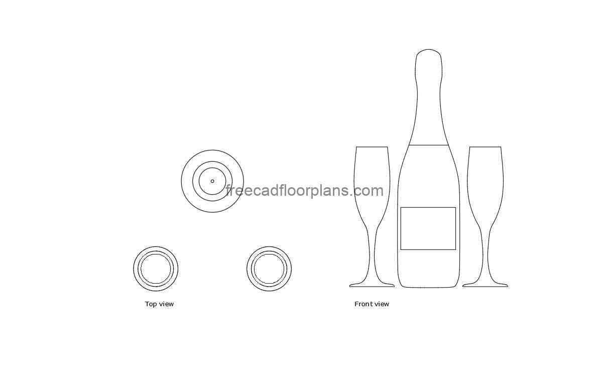 autocad drawing of a champagne bottle and glass, plan and elevation 2d views, dwg file free for download