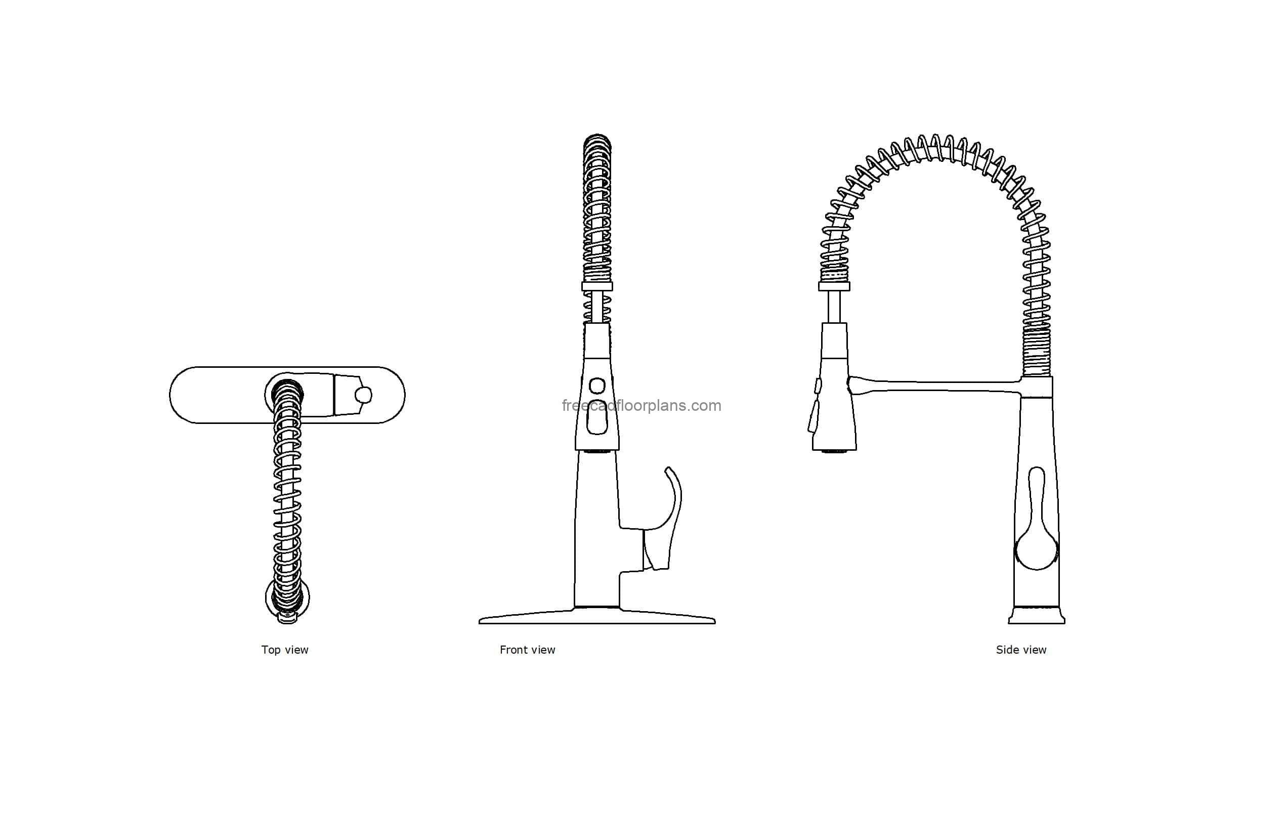 autocad drawing of a chef faucet, plan and elevation 2d views, dwg file free for download