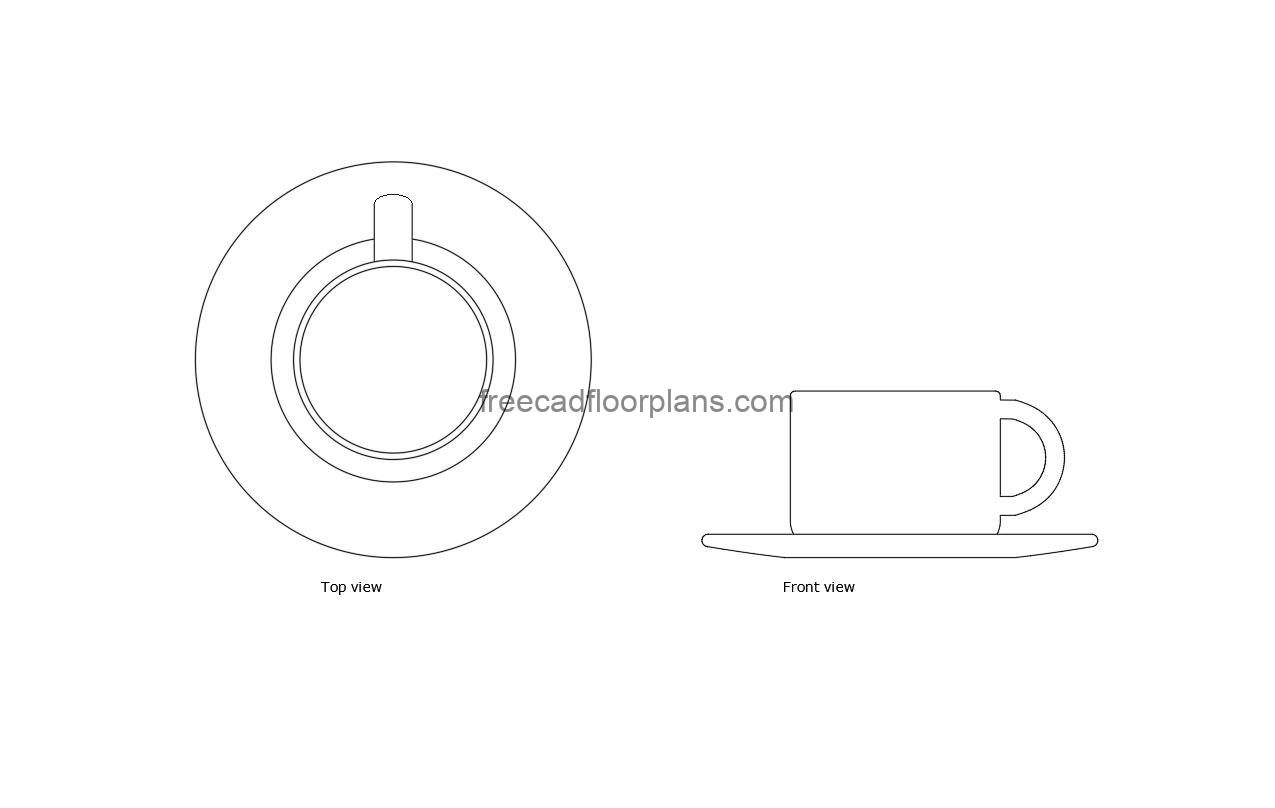 autocad drawing of a coffee cup with saucer, plan and elevation 2d views, dwg file free for download