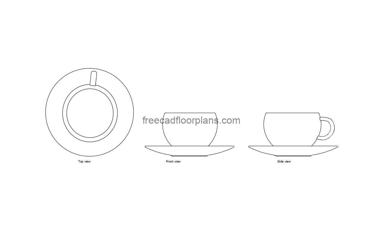 autocad drawing of a coffee mug with saucer, plan and elevation 2d views, dwg file free for download