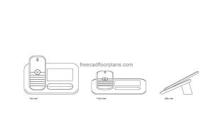 autocad drawing of a cordless phone, plan and elevation 2d views, dwg file free for download