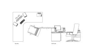 autocad drawing of a corner desk, plan and elevation 2d views, dwg file free for download