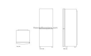 autocad drawing of a counter depth slim refrigerator, plan and elevation 2d views, dwg file free for download