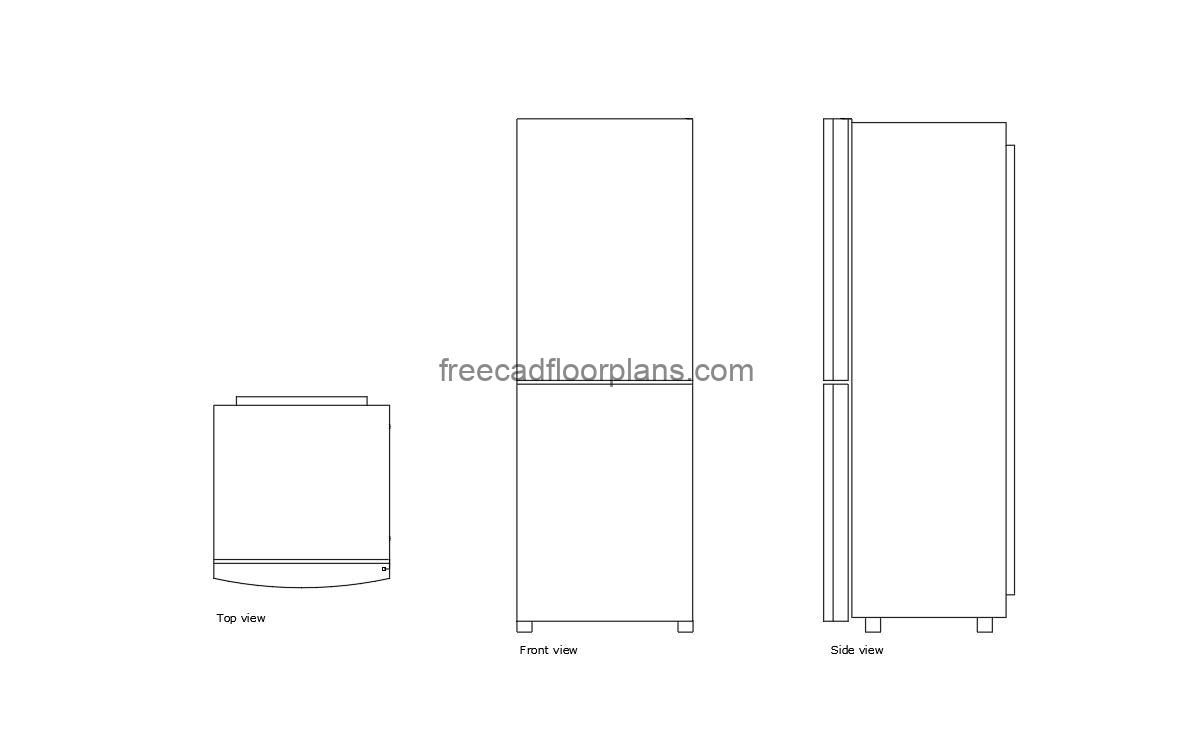 autocad drawing of a counter depth slim refrigerator, plan and elevation 2d views, dwg file free for download