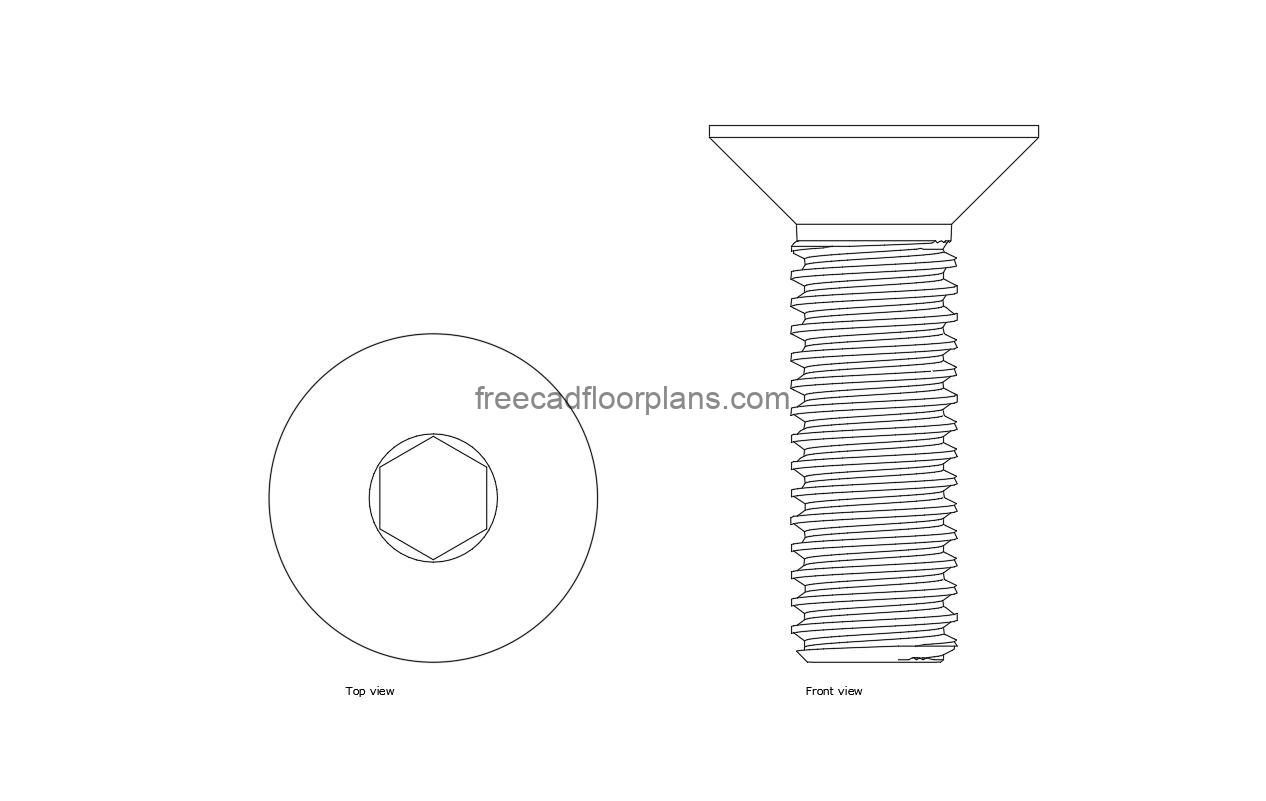 autocad drawing of a countersunk screw, plan and elevation 2d views, dwg file free for download