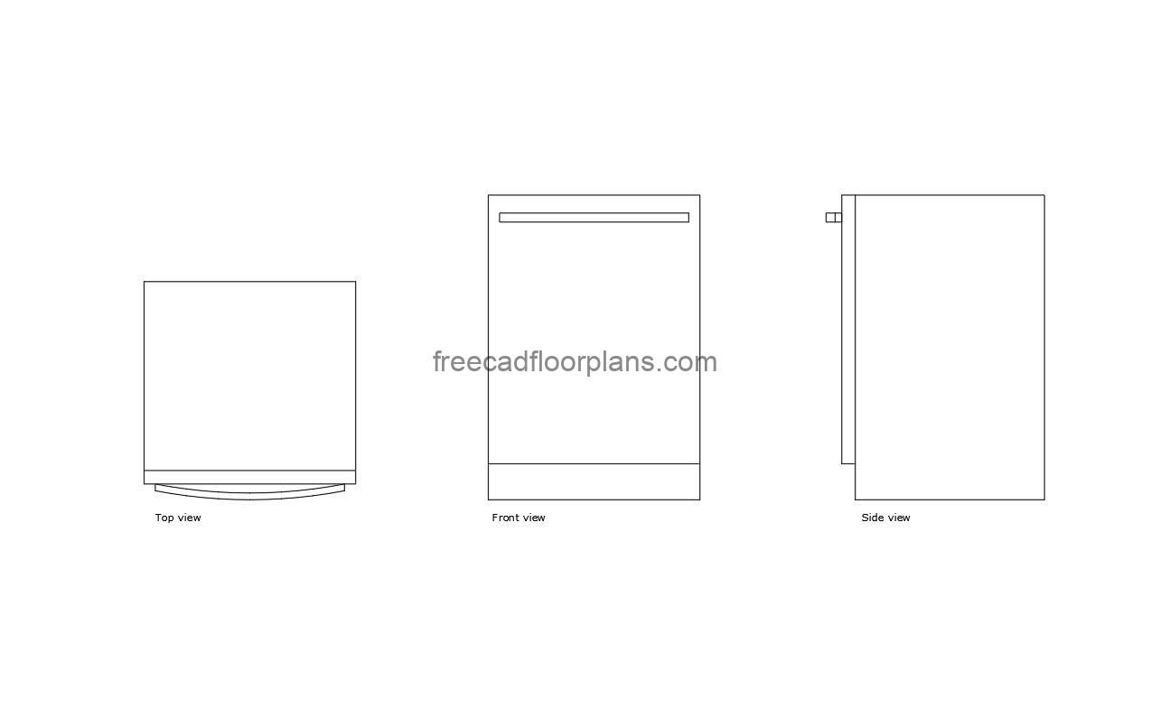 autocad drawing of a undercounter dishwasher, plan and elevation 2d views, dwg file free for download