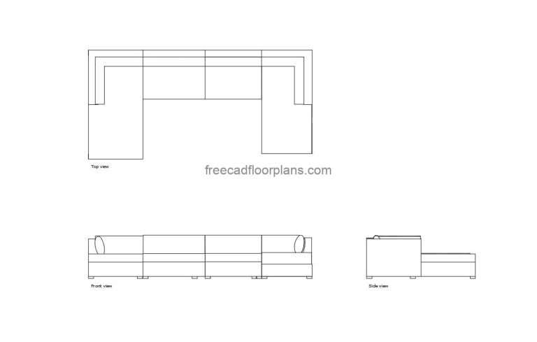 autocad drawing of a double chaise sofa, 2d plan and elevation, dwg file for free download