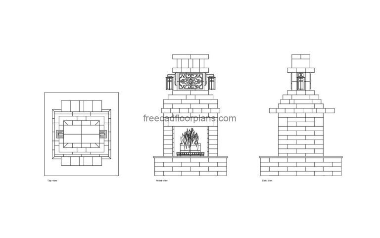autocad drawing of a double sided fireplace, plan and elevation 2d views, dwg file free for download