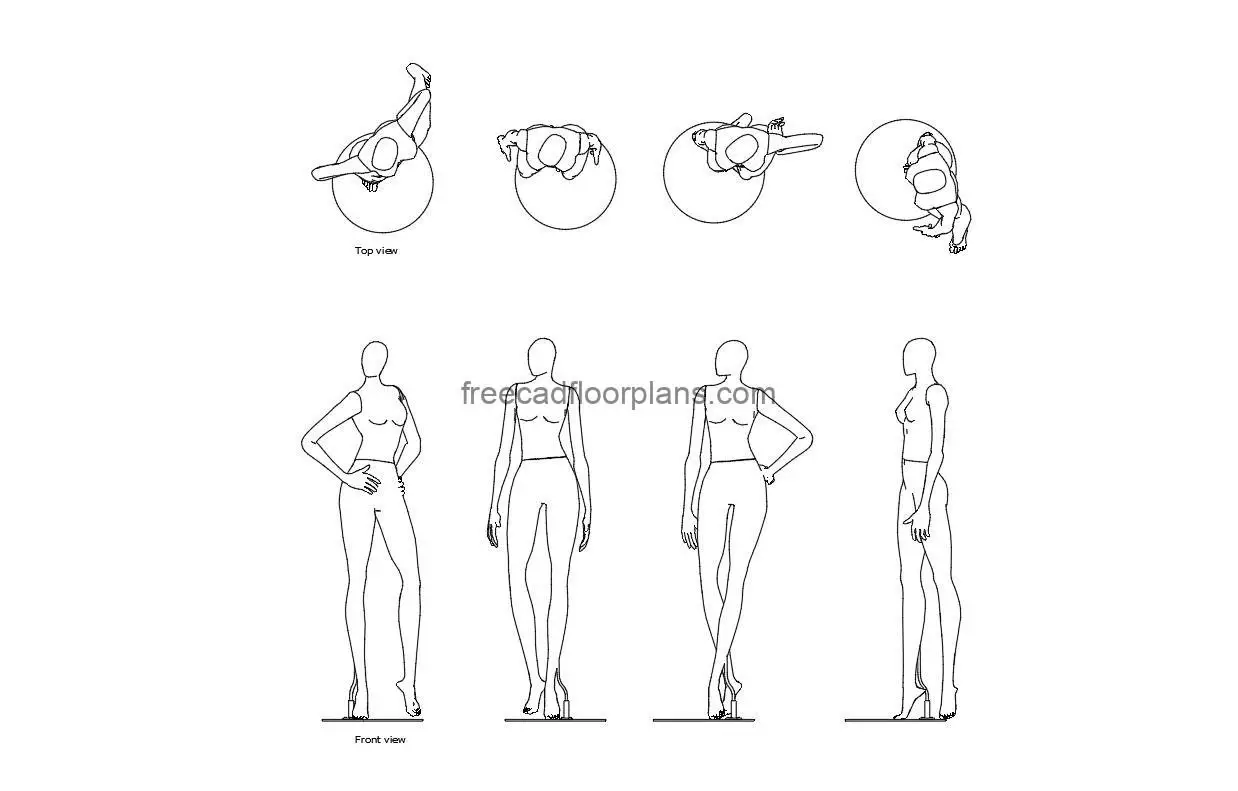 autocad drawing of exhibition mannequins, 2d plan and elevation views, dwg file free for download