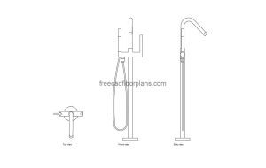 autocad drawing of a floor mounted tub filler, plan and elevation 2d views, dwg file free for download