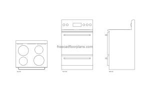 autocad drawing of a four burner stove, plan and elevation 2d views, dwg file free for download