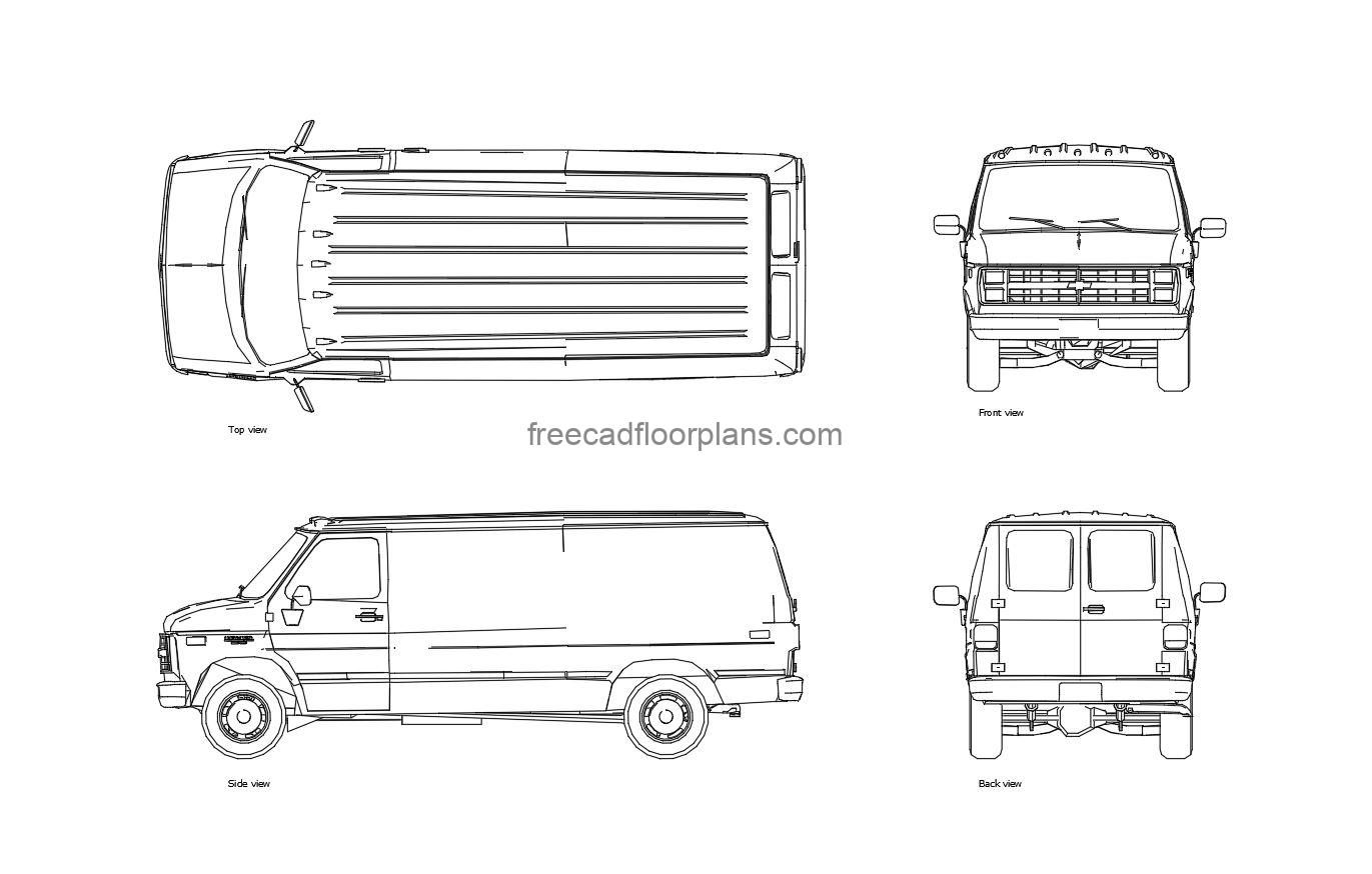 autocad drawing of a GMC van, 2d views plan and elevation, dwg file free for download