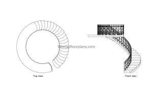 autocad drawing of a grand spiral staircase, plan and elevation 2d views, dwg file free for download