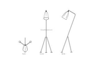 autocad drawing of a grasshopper floor lamp, plan and elevation 2d views, dwg file free for download