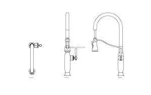 autocad drawing of a kohler tournant kitchen faucet, plan and elevation 2d views, dwg file free for download