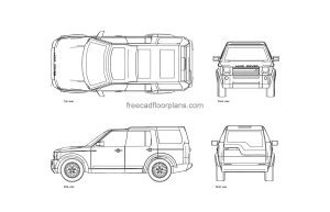 autocad drawing of a land rover discovery plan and elevation 2d views, dwg file free for download