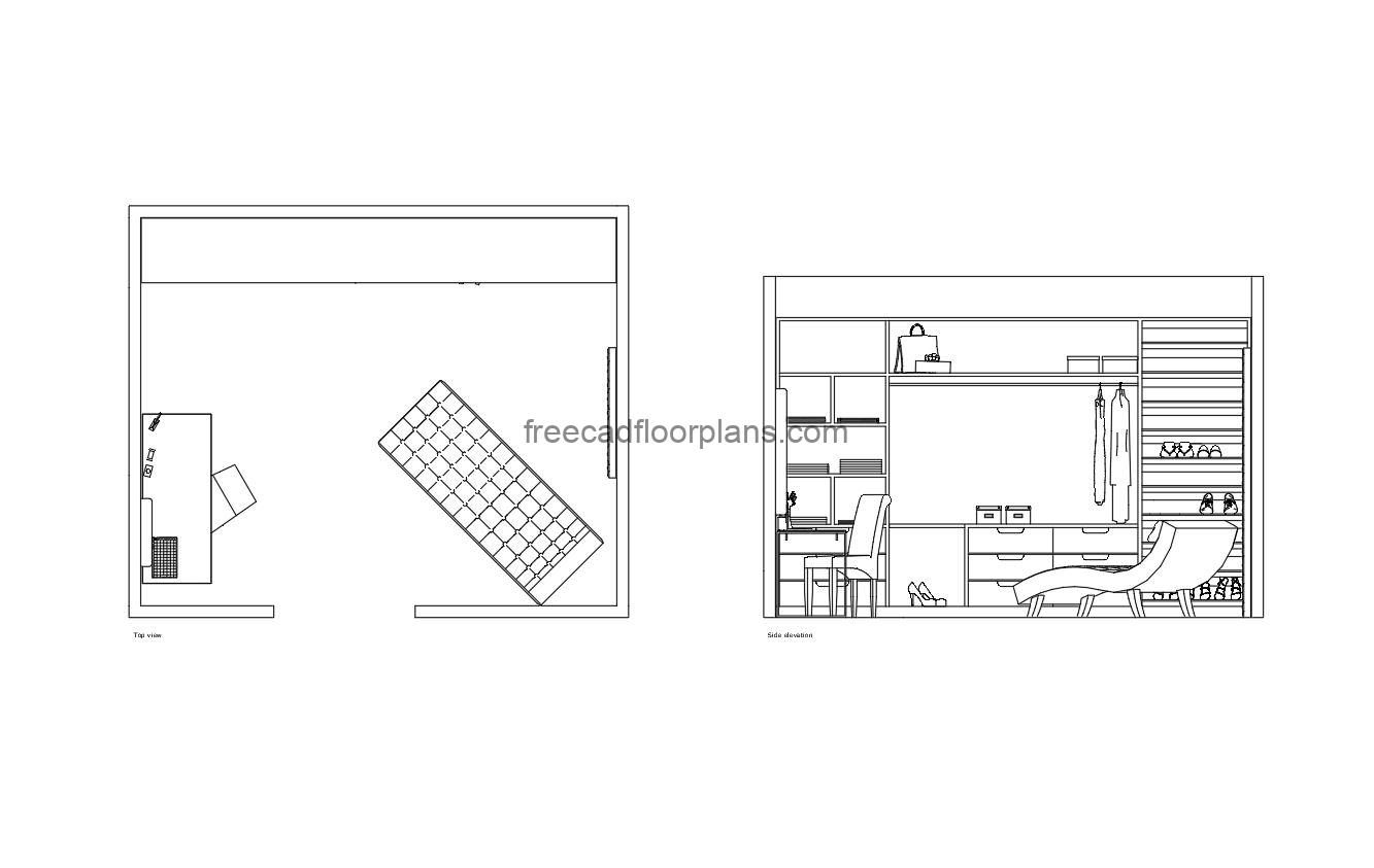 autocad drawing of a makeup room, plan and elevation 2d views, dwg file free for download