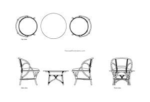 autocad drawing of outdoor rattan chairs, 2d views plan and elevation, dwg file free for download