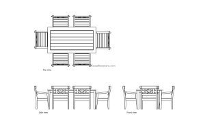 autocad drawing of a pato dining set, plan and elevation 2d views, dwg file free for download
