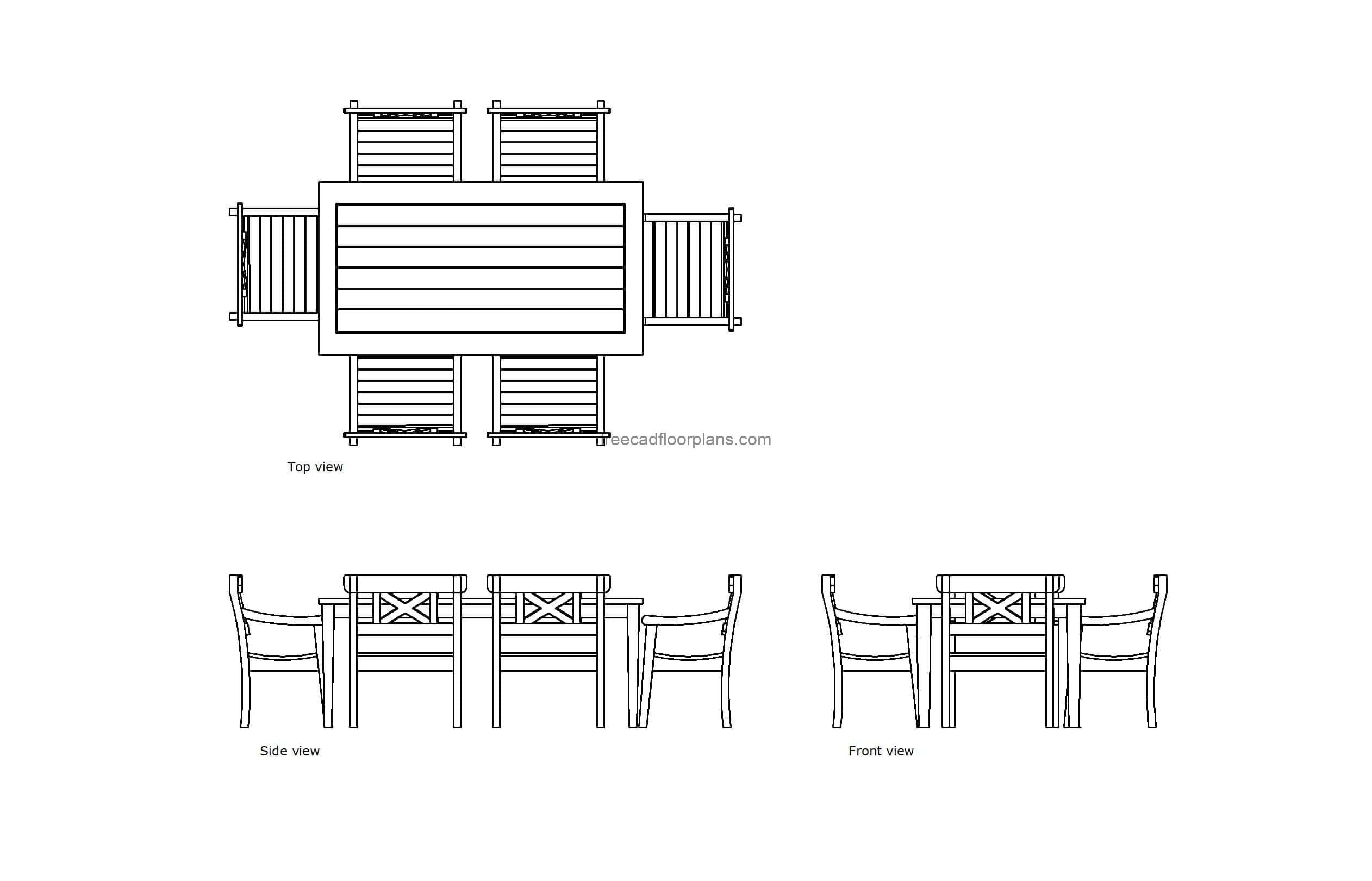 autocad drawing of a pato dining set, plan and elevation 2d views, dwg file free for download
